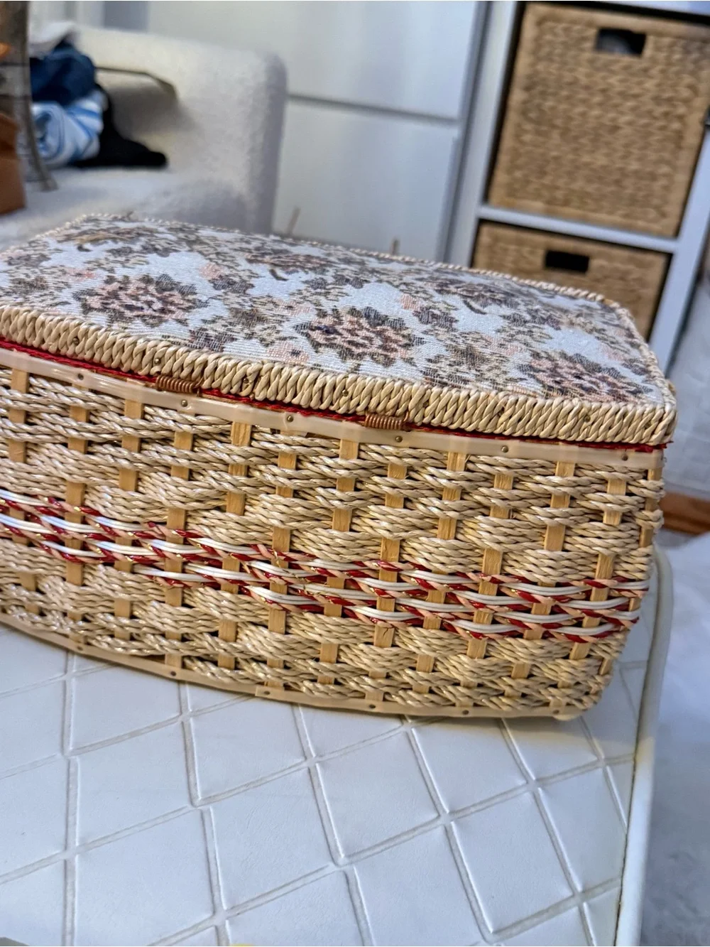 Vintage Penney's Fashion Wicker Sewing Basket with Floral Lid Cottagecore